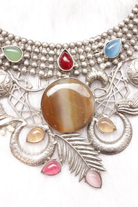 Birds and Leaf Motifs Multi-Color Gemstones Embedded Silver Finish Adjustable Length Choker Necklace