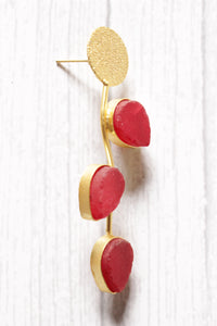 Red Teardrop Natural Stones Embedded Leaf Motif Brass Dangler Earrings
