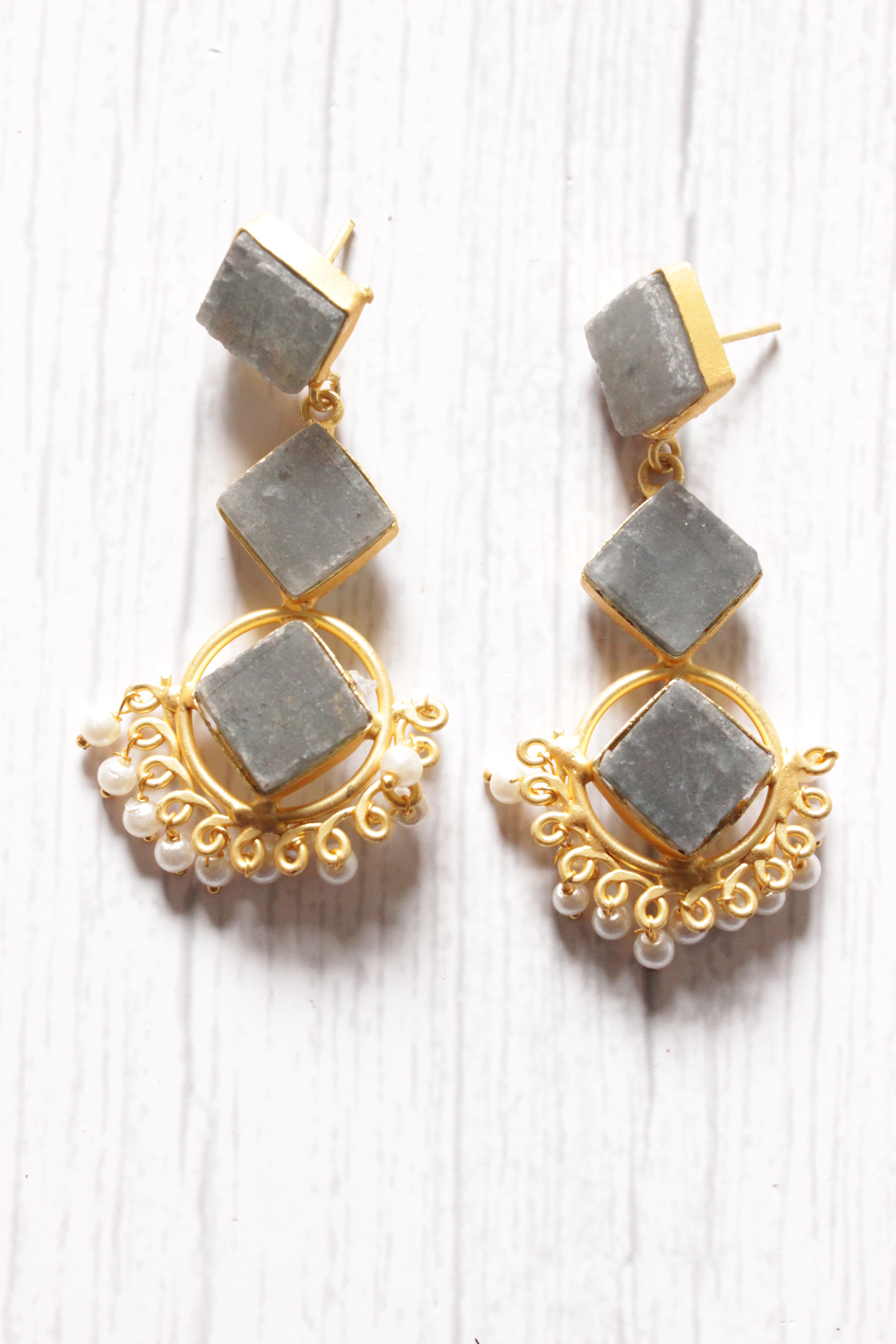 3 Layer Grey Teardrop Natural Stones Embedded Brass Dangler Earrings Embellished with White Beads