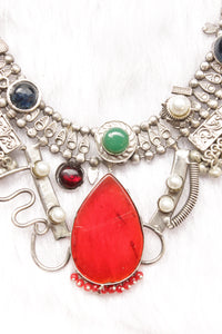 Red Center Peice Raw Natural Gemstones Embedded Silver Finish Adjustable Length Choker Necklace