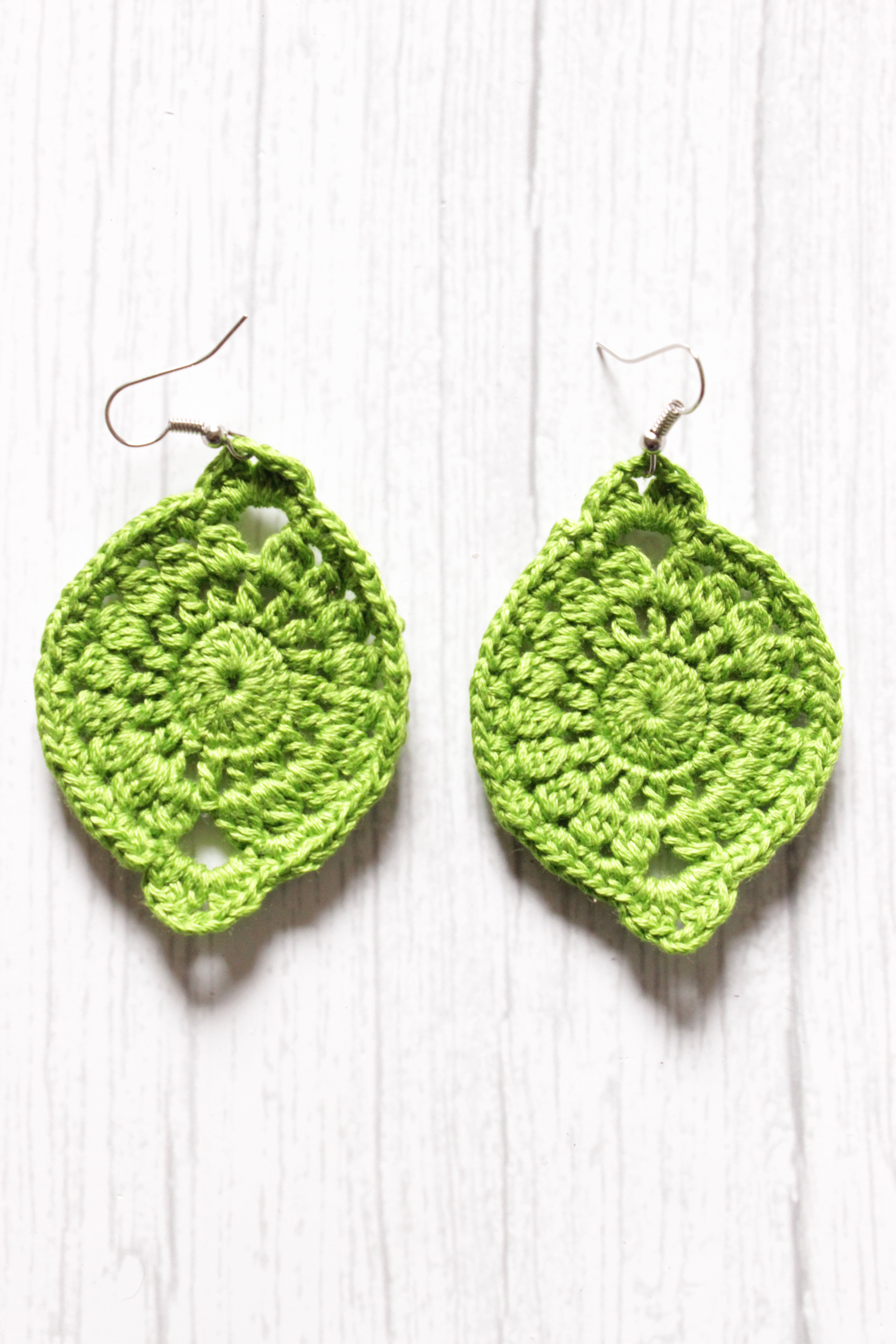 Green Jaali Pattern Handcrafted Crochet Earrings