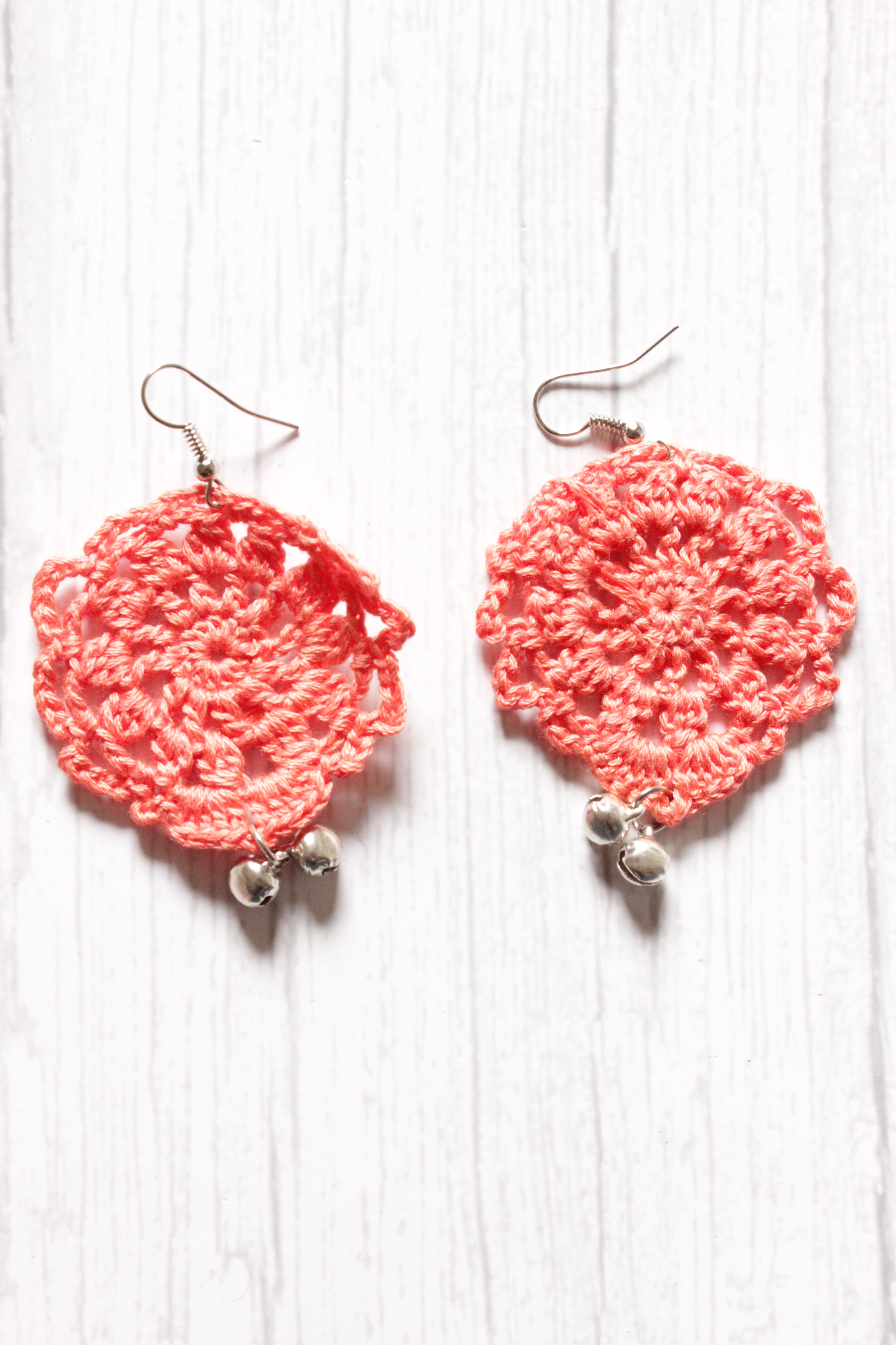 Peach Jaali Pattern Handcrafted Crochet Earrings Embellished with Ghungroo Beads