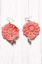 Load image into Gallery viewer, Peach Jaali Pattern Handcrafted Crochet Earrings Embellished with Ghungroo Beads
