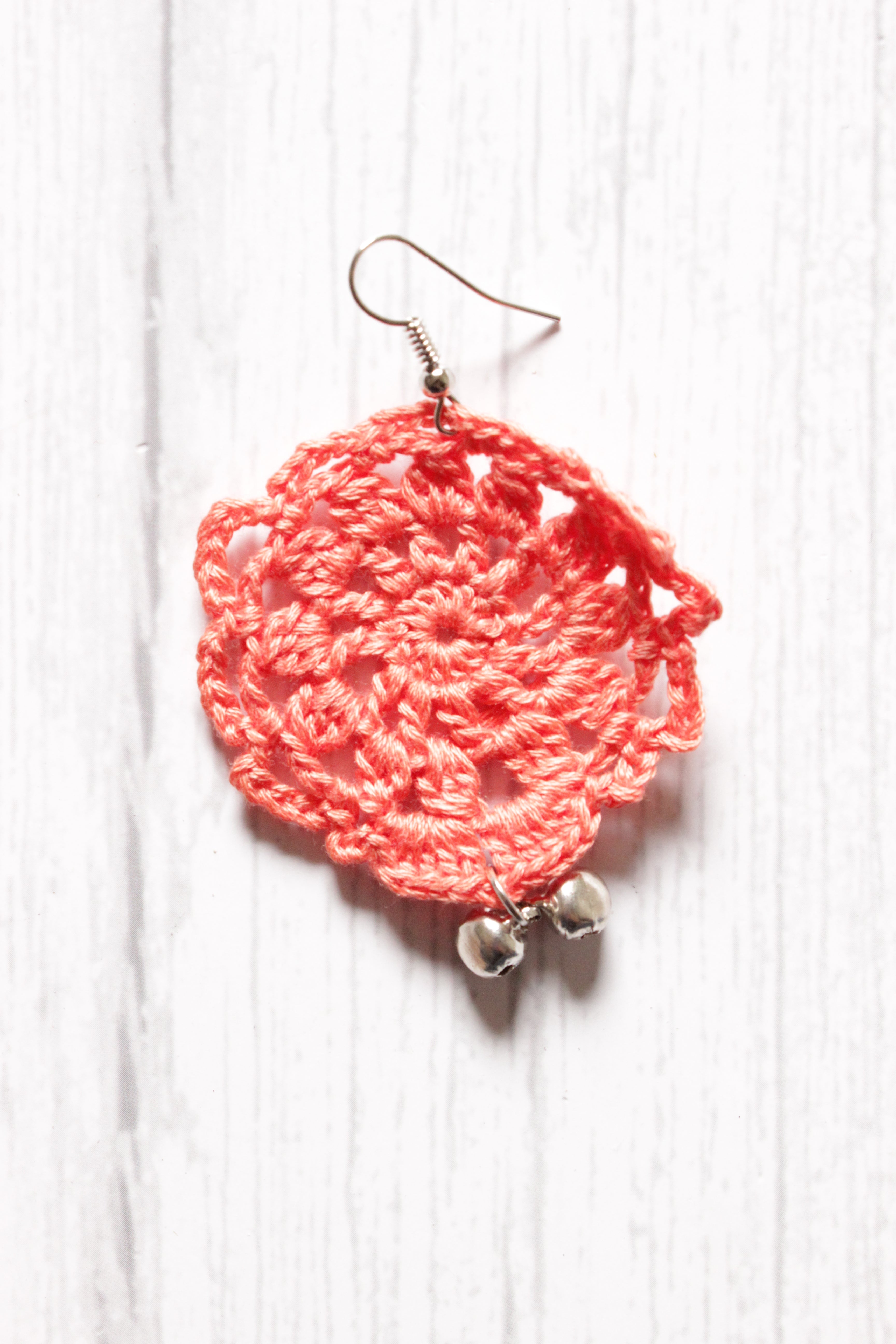 Peach Jaali Pattern Handcrafted Crochet Earrings Embellished with Ghungroo Beads