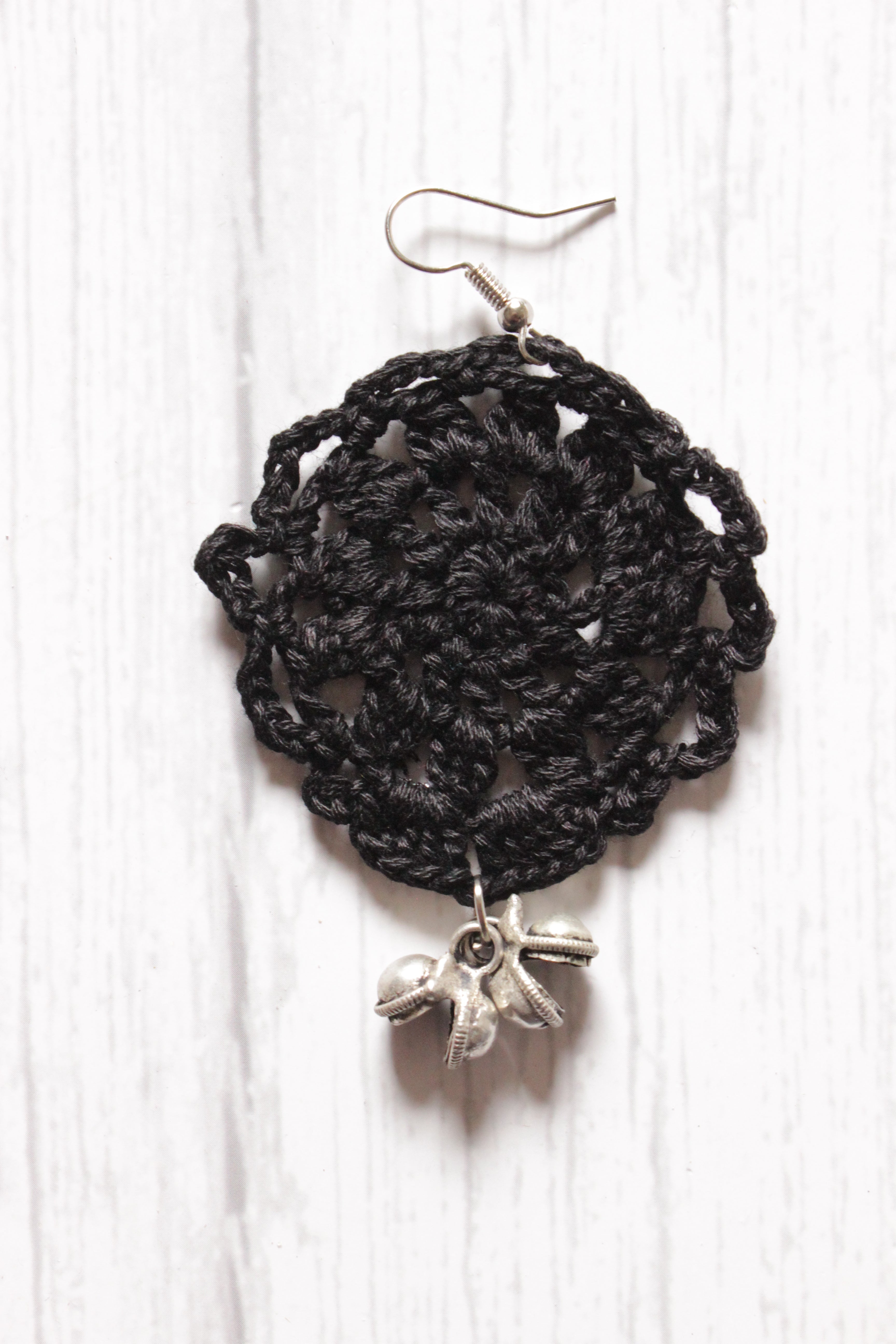 Black Jaali Pattern Handcrafted Crochet Earrings Embellished with Ghungroo Beads