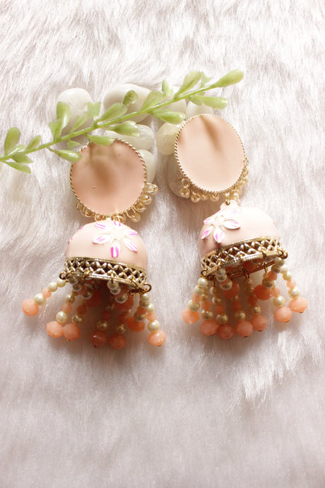 Peach Hand Painted Meenakari Work Gold Toned Hoop Jhumka Earrings Accentuated Stringed Beads Danglers