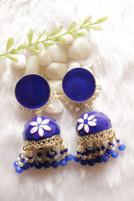Royal Blue Hand Painted Meenakari Work Gold Toned Hoop Jhumka Earrings Accentuated Stringed Beads Danglers