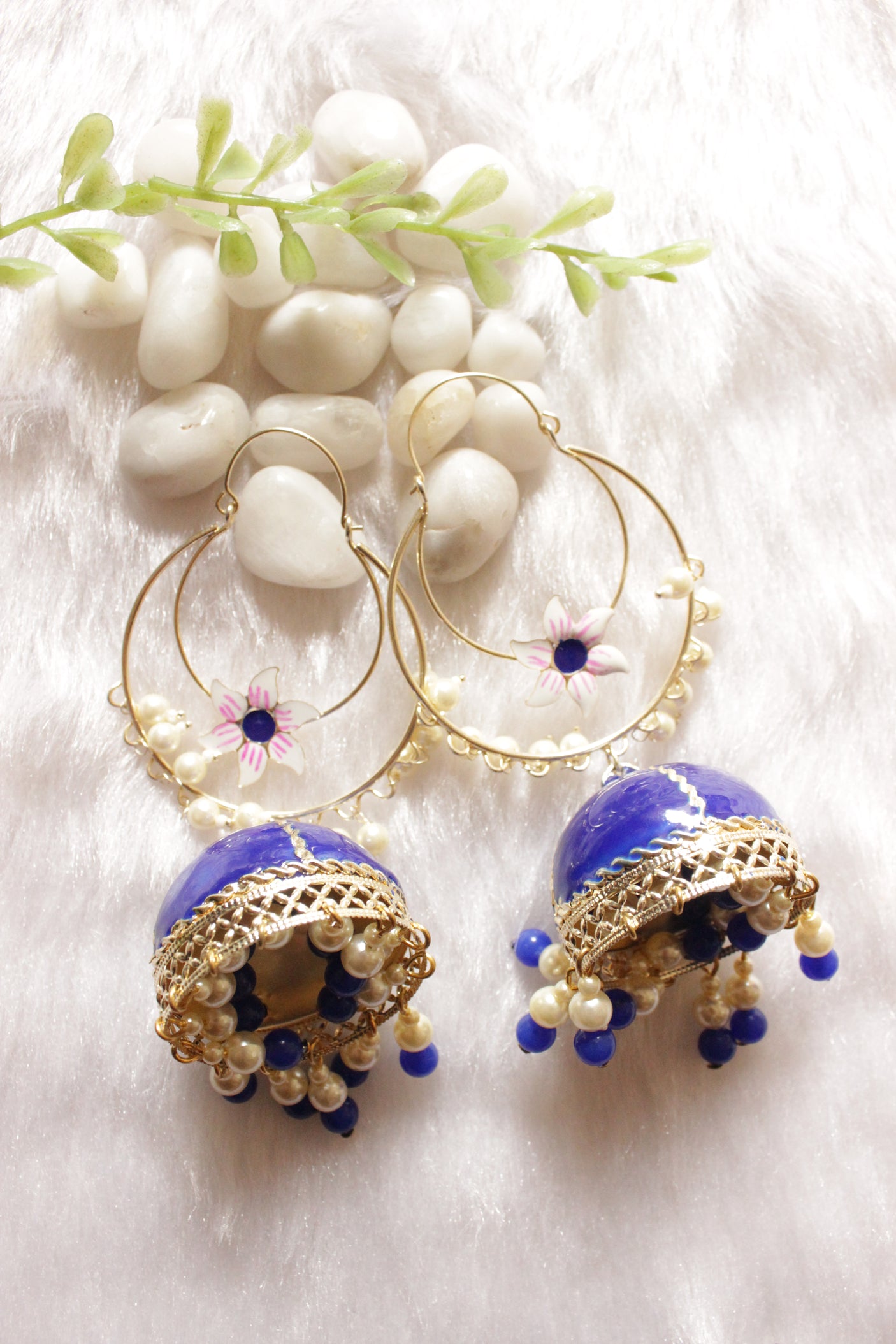 Royal Blue Hand Painted Meenakari Work Gold Toned Hoop Jhumka Earrings Accentuated with White and Blue Beads