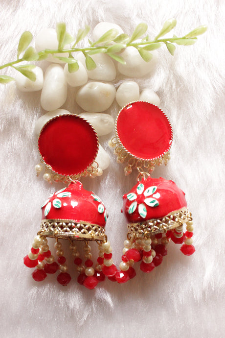 Vibrant Red Hand Painted Meenakari Work Gold Toned Hoop Jhumka Earrings Accentuated Stringed Beads Danglers