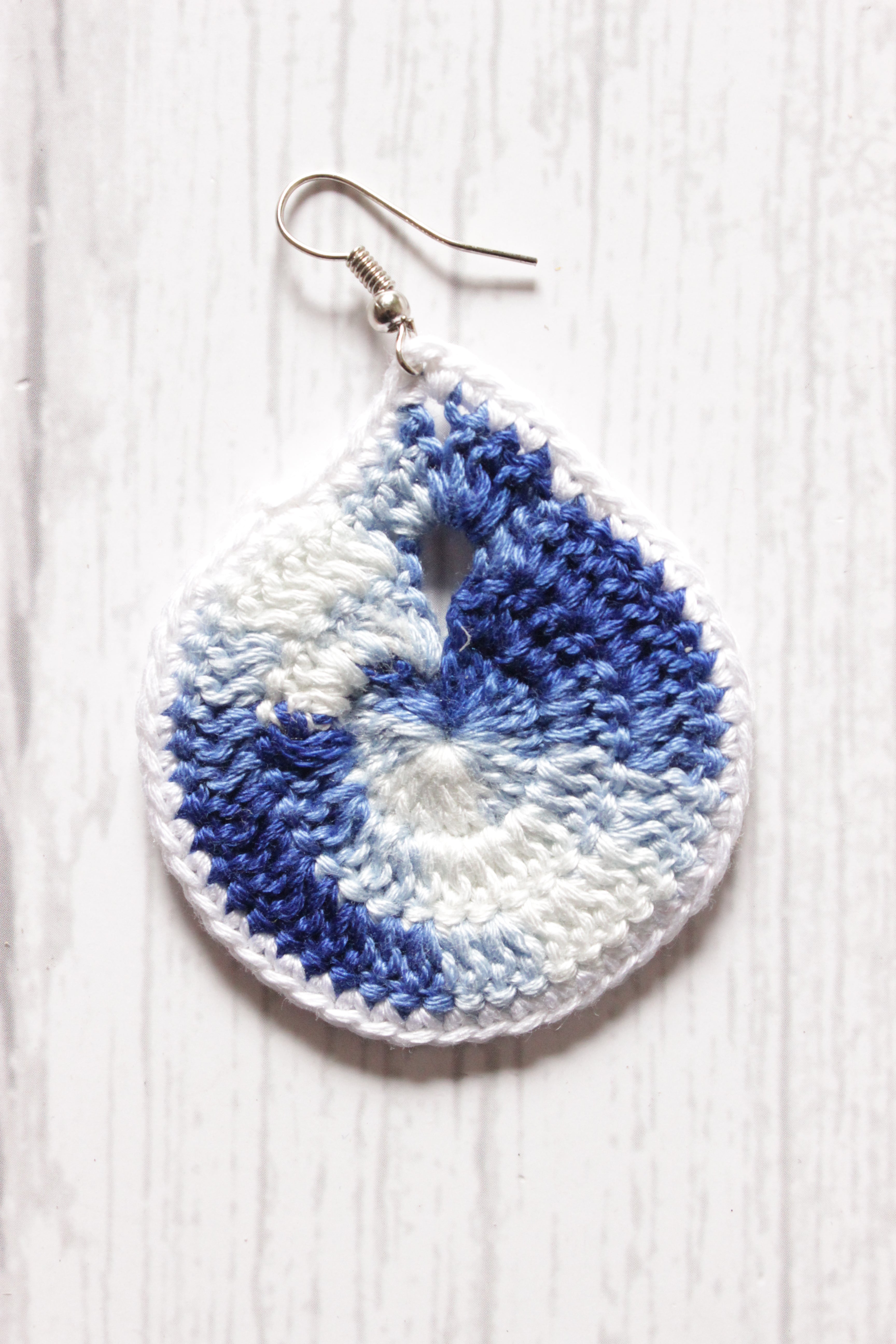 Blue and White Handcrafted Tear Drop Shape Crochet Dangler Earrings