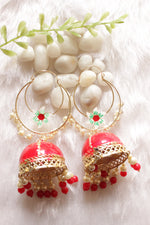 Load image into Gallery viewer, Carrot Red Hand Painted Meenakari Work Gold Toned Hoop Jhumka Earrings Accentuated with White and Red Beads
