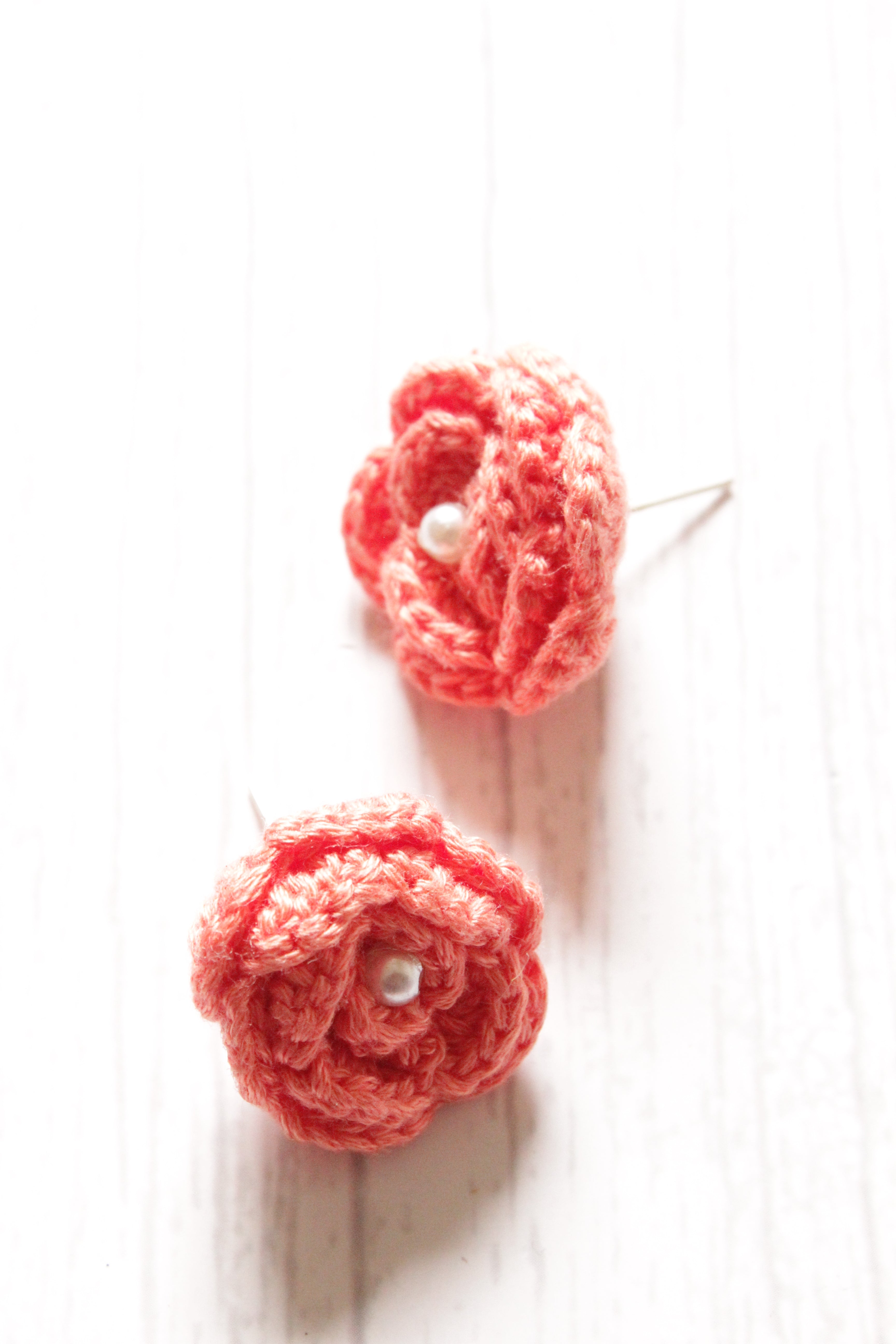 Peach Flower Motif Handcrafted Crochet Stud Earrings