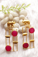 Load image into Gallery viewer, Elephant Motif Pink Raw Natural Gemstones Embedded Gold Finish Brass Earrings
