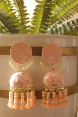 Peach Hand Painted Meenakari Work Gold Toned Hoop Jhumka Earrings Accentuated Stringed Beads Danglers