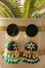 Bottle Green Hand Painted Meenakari Work Gold Toned Hoop Jhumka Earrings Accentuated Stringed Beads Danglers