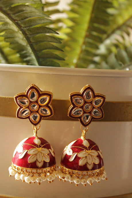 Kundan Stones Embedded Red Hand Painted Meenakari Work Jhumka Earrings