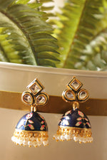 Load image into Gallery viewer, Kundan Stones Embedded Royal Blue Hand Painted Meenakari Work Jhumka Earrings
