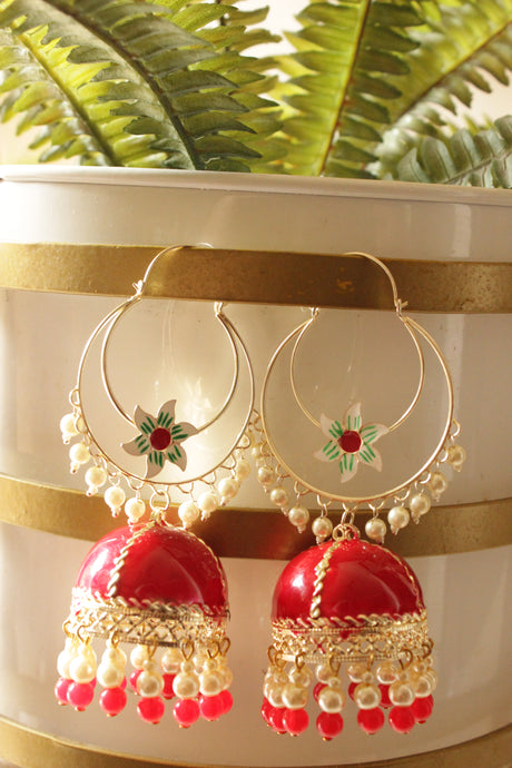 Carrot Red Hand Painted Meenakari Work Gold Toned Hoop Jhumka Earrings Accentuated with White and Red Beads