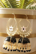 Load image into Gallery viewer, Black Hand Painted Meenakari Work Gold Toned Hoop Jhumka Earrings Accentuated with Beadsx
