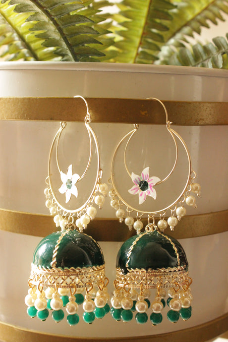 Bottle Green Hand Painted Meenakari Work Gold Toned Hoop Jhumka Earrings Accentuated with Beads