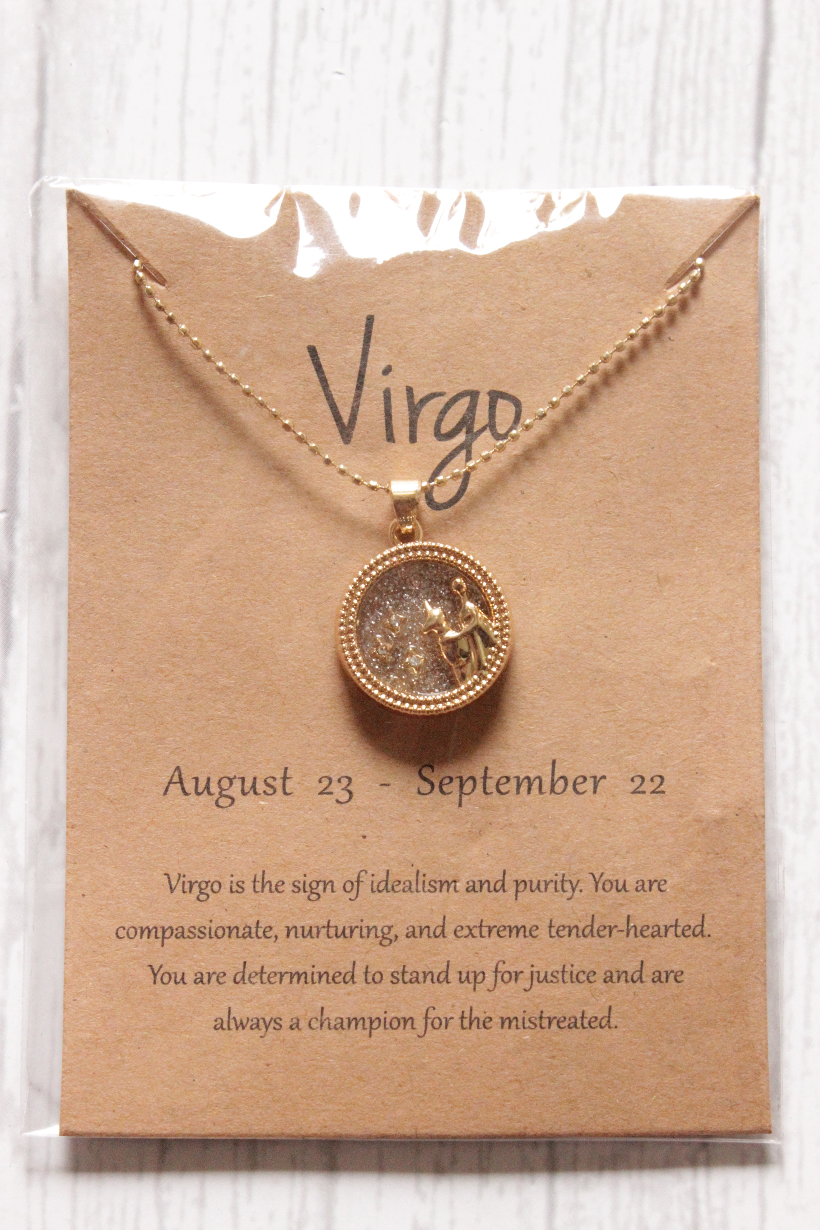 Virgo Sun Sign Gold Plated Day Style Round Resin Horoscope Astrology Minimalist Pendant Necklace with Card