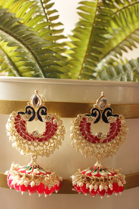 Vibrant Red Hand Painted Meenakari Work Statement Jhumka Earrings Accentuated with White and Red Beads