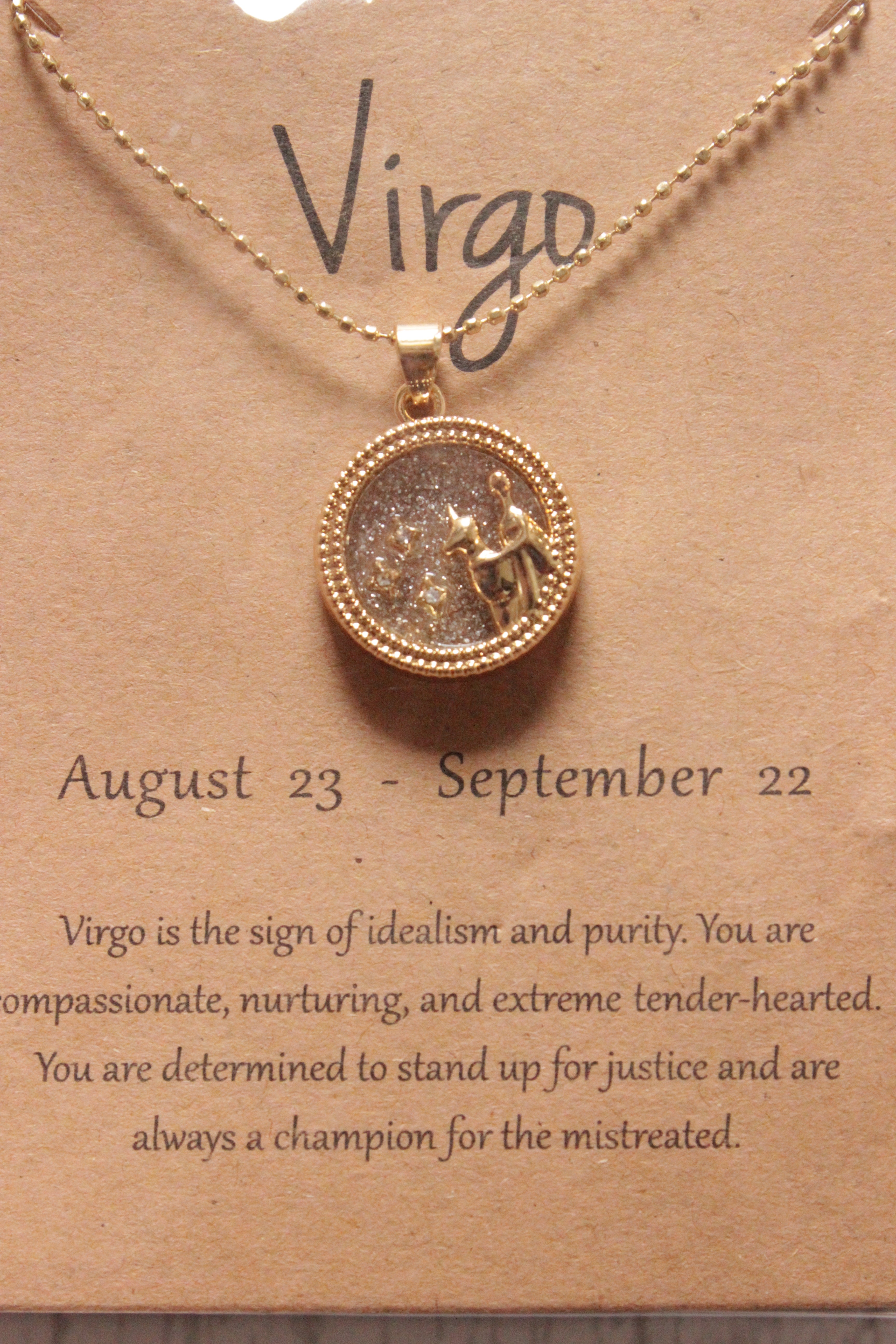 Virgo Sun Sign Gold Plated Day Style Round Resin Horoscope Astrology Minimalist Pendant Necklace with Card