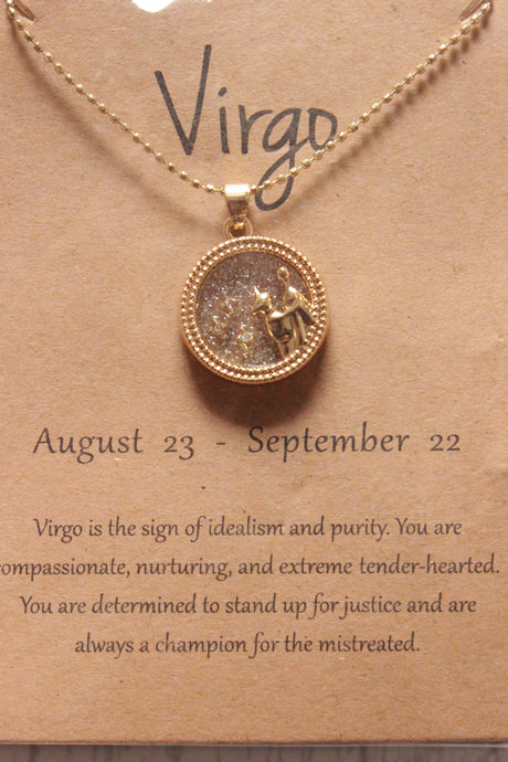 Virgo Sun Sign Gold Plated Day Style Round Resin Horoscope Astrology Minimalist Pendant Necklace with Card