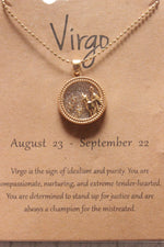 Load image into Gallery viewer, Virgo Sun Sign Gold Plated Day Style Round Resin Horoscope Astrology Minimalist Pendant Necklace with Card
