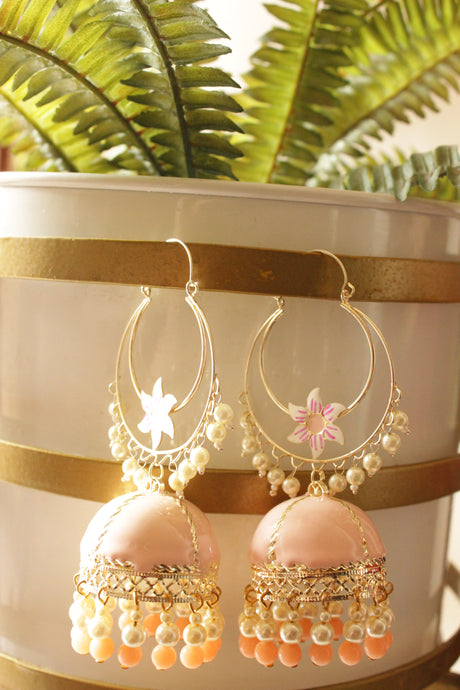 Peach Hand Painted Meenakari Work Gold Toned Hoop Jhumka Earrings Accentuated with Beads