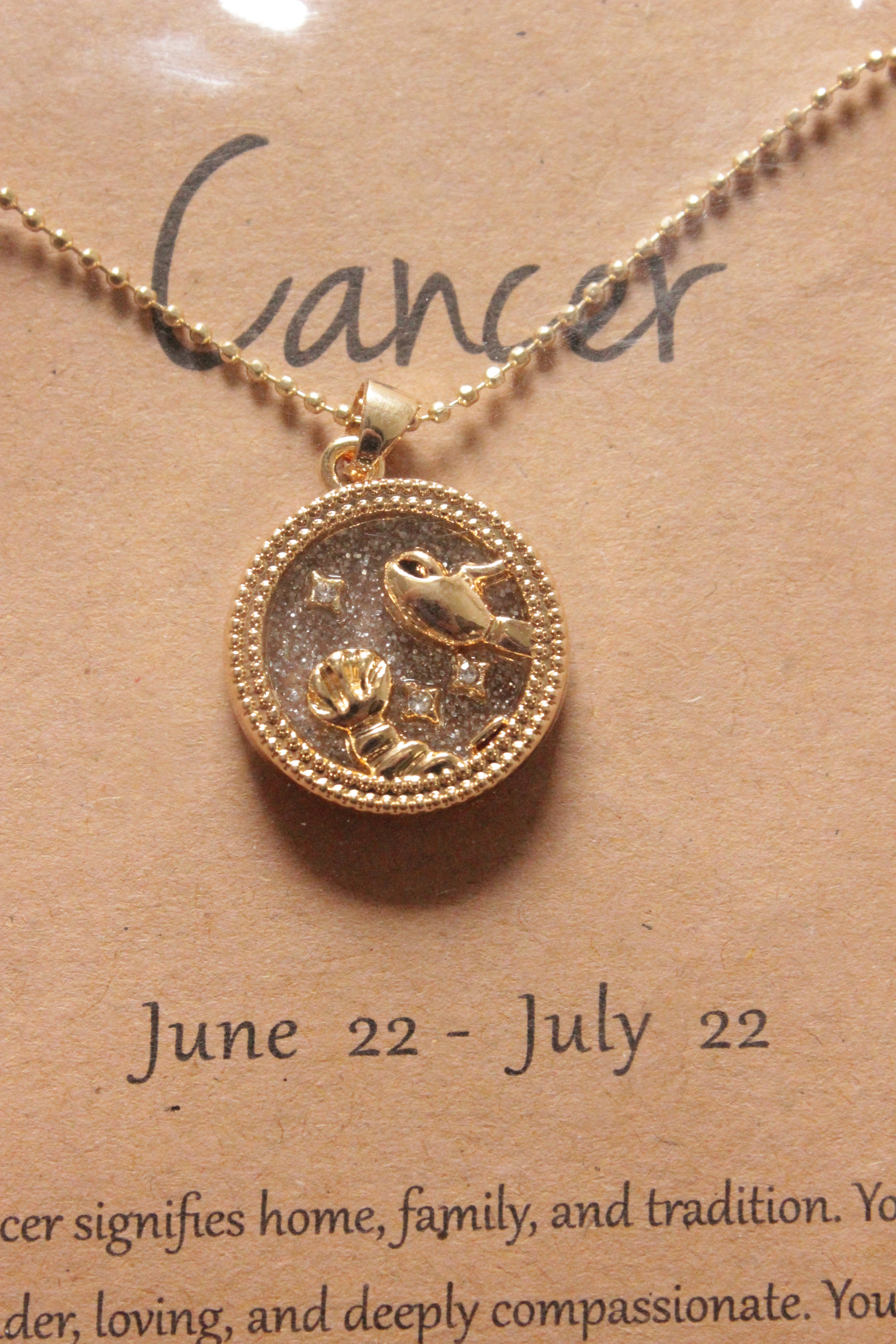 Cancer Sun Sign Gold Plated Day Style Round Resin Horoscope Astrology Minimalist Pendant Necklace with Card