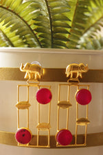 Load image into Gallery viewer, Elephant Motif Pink Raw Natural Gemstones Embedded Gold Finish Brass Earrings
