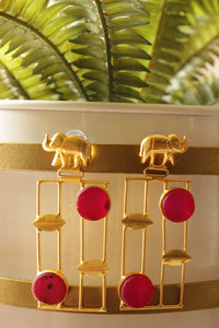 Elephant Motif Pink Raw Natural Gemstones Embedded Gold Finish Brass Earrings