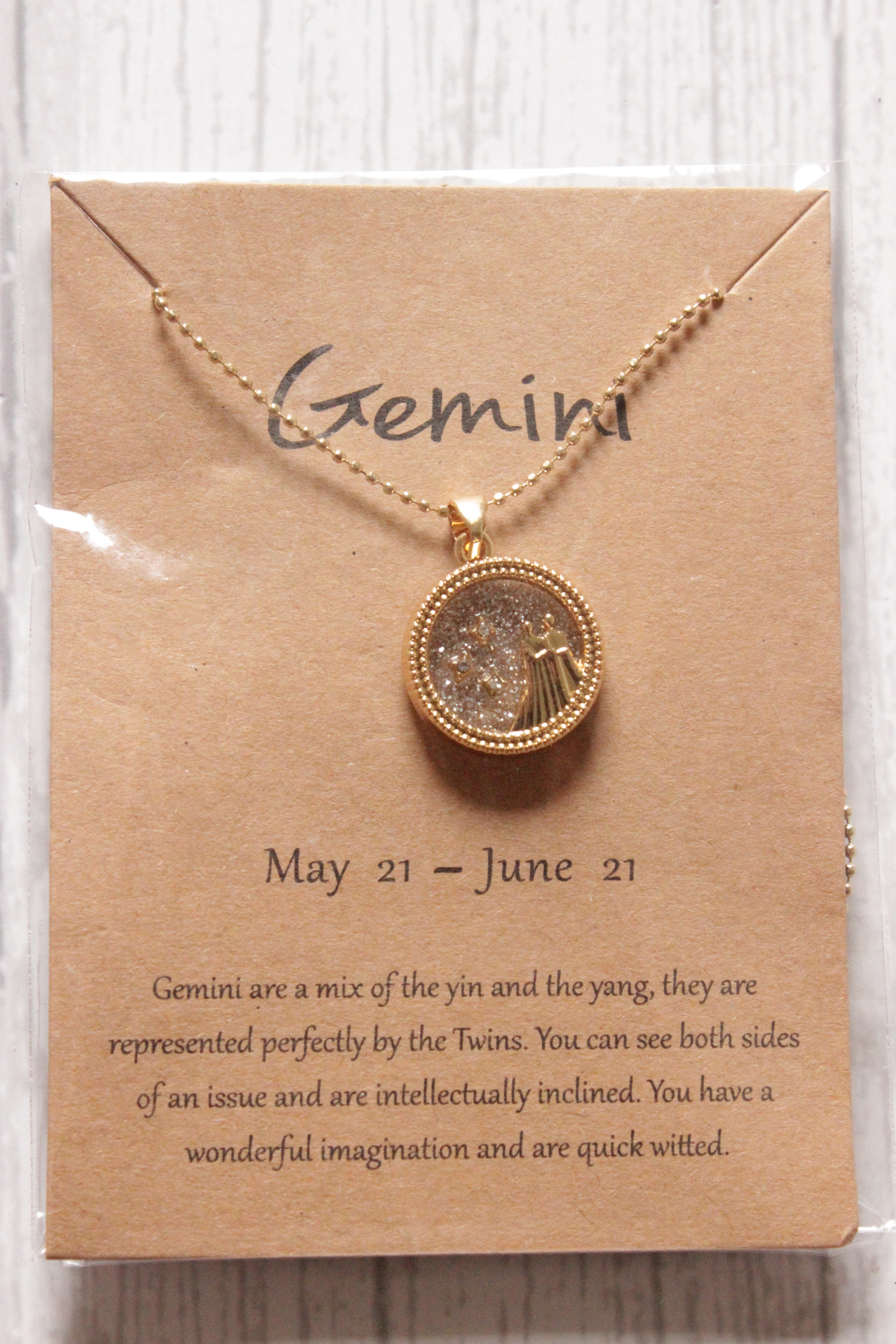 Gemini Sun Sign Gold Plated Day Style Round Resin Horoscope Astrology Minimalist Pendant Necklace with Card