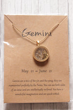 Load image into Gallery viewer, Gemini Sun Sign Gold Plated Day Style Round Resin Horoscope Astrology Minimalist Pendant Necklace with Card
