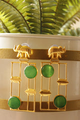 Elephant Motif Green Raw Natural Gemstones Embedded Gold Finish Brass Earrings