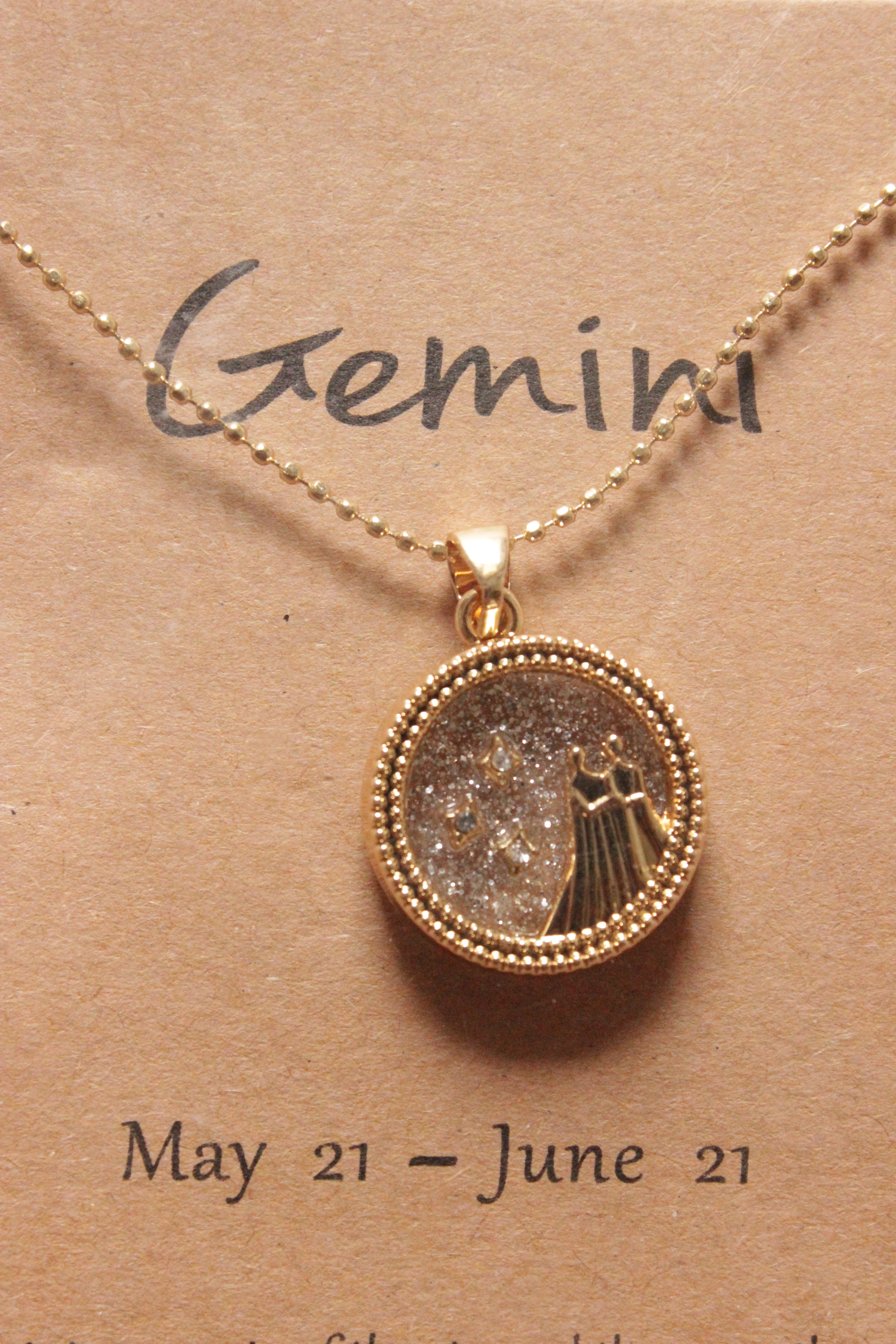 Gemini Sun Sign Gold Plated Day Style Round Resin Horoscope Astrology Minimalist Pendant Necklace with Card