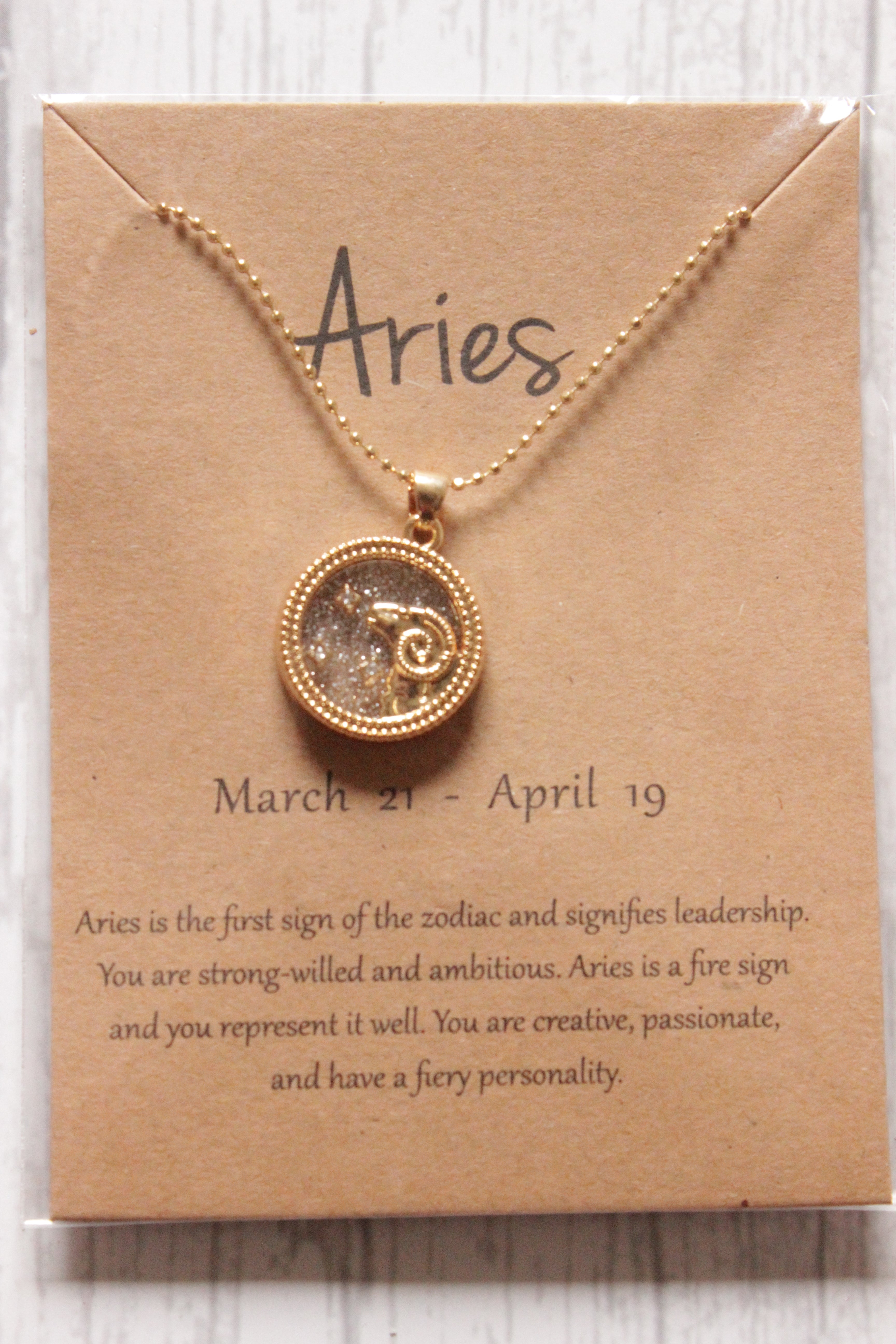 Aries Sun Sign Gold Plated Day Style Round Resin Horoscope Astrology Minimalist Pendant Necklace with Card