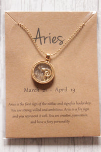 Aries Sun Sign Gold Plated Day Style Round Resin Horoscope Astrology Minimalist Pendant Necklace with Card
