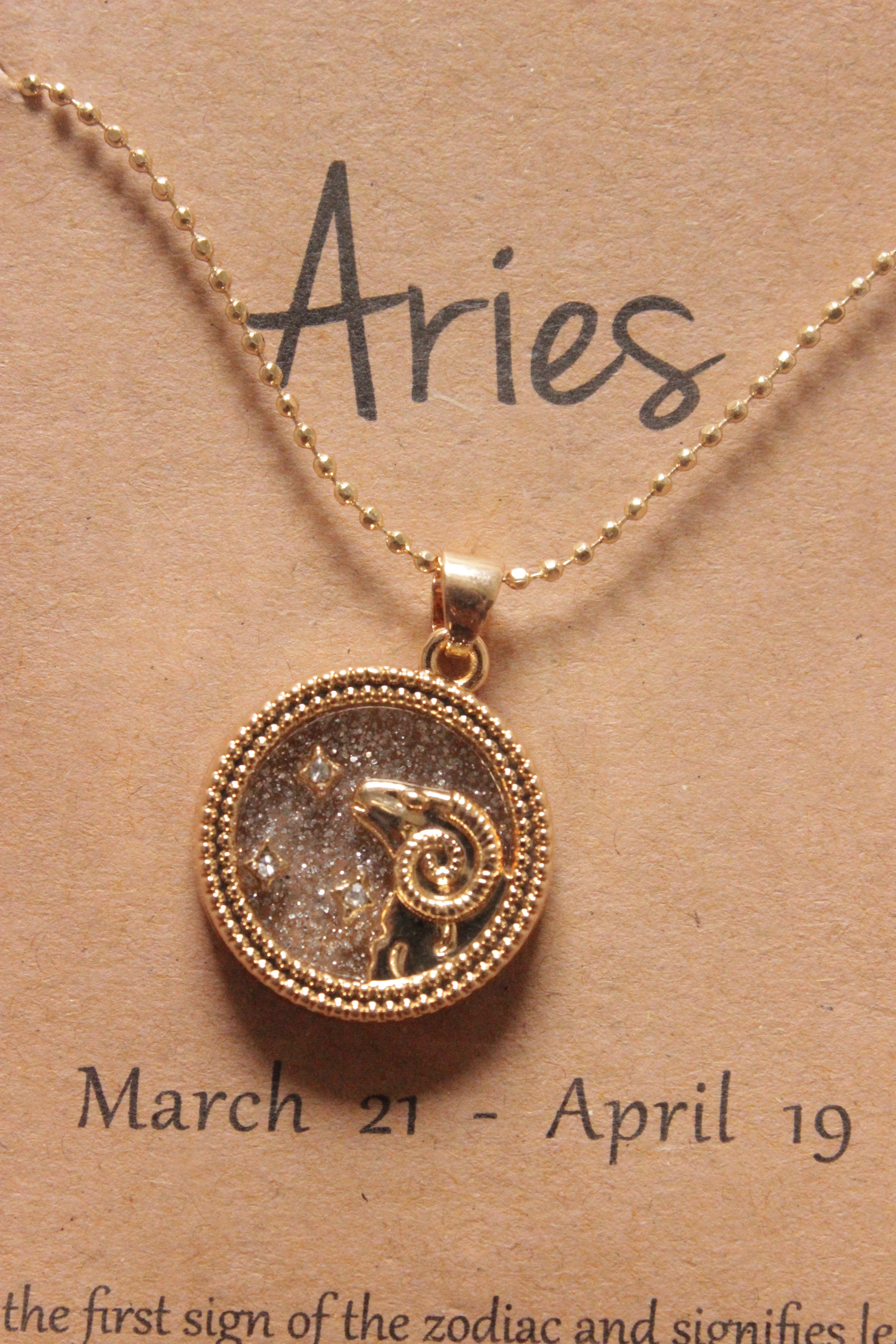 Aries Sun Sign Gold Plated Day Style Round Resin Horoscope Astrology Minimalist Pendant Necklace with Card