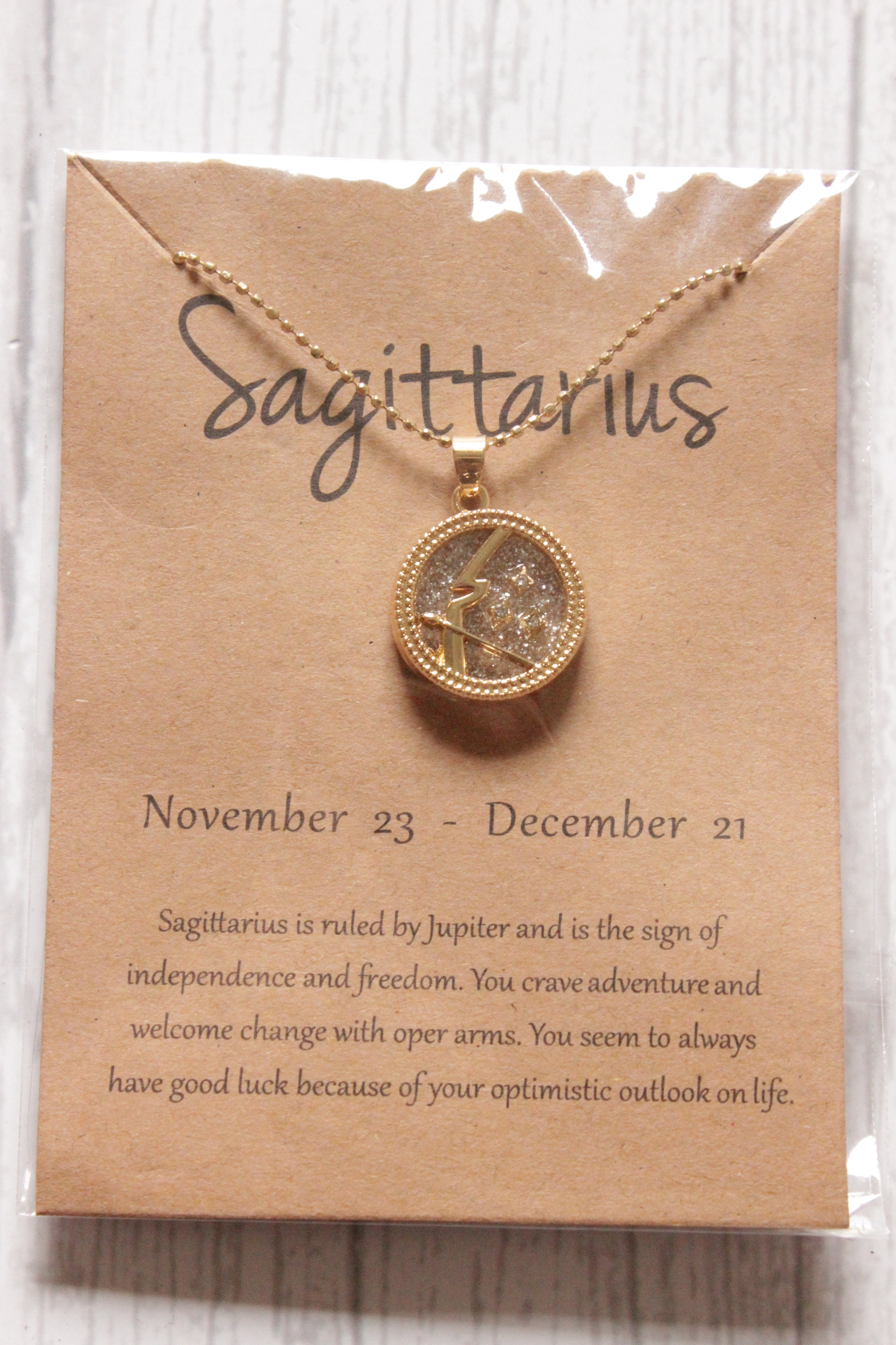 Sagittarius Sun Sign Gold Plated Day Style Round Resin Horoscope Astrology Minimalist Pendant Necklace with Card