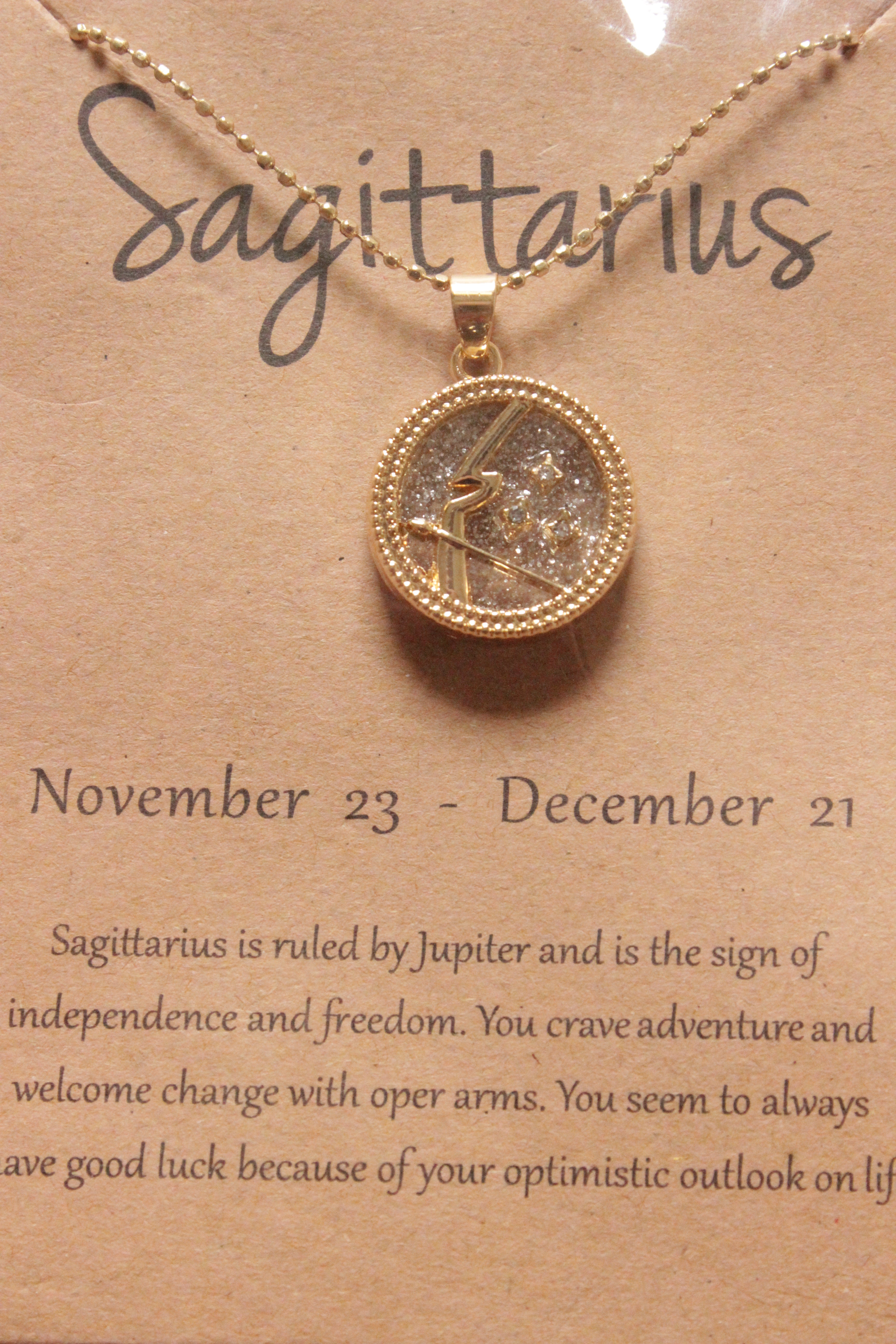 Sagittarius Sun Sign Gold Plated Day Style Round Resin Horoscope Astrology Minimalist Pendant Necklace with Card