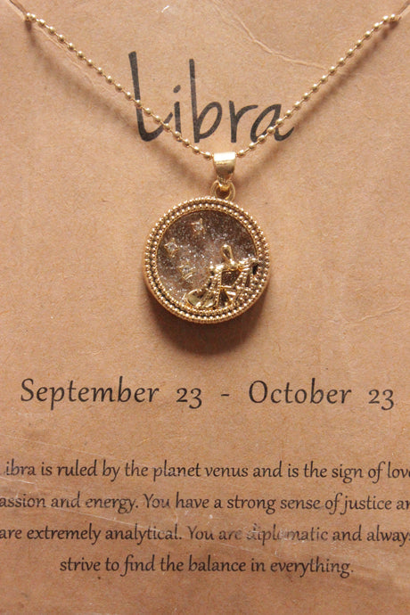 Libra Sun Sign Gold Plated Day Style Round Resin Horoscope Astrology Minimalist Pendant Necklace with Card