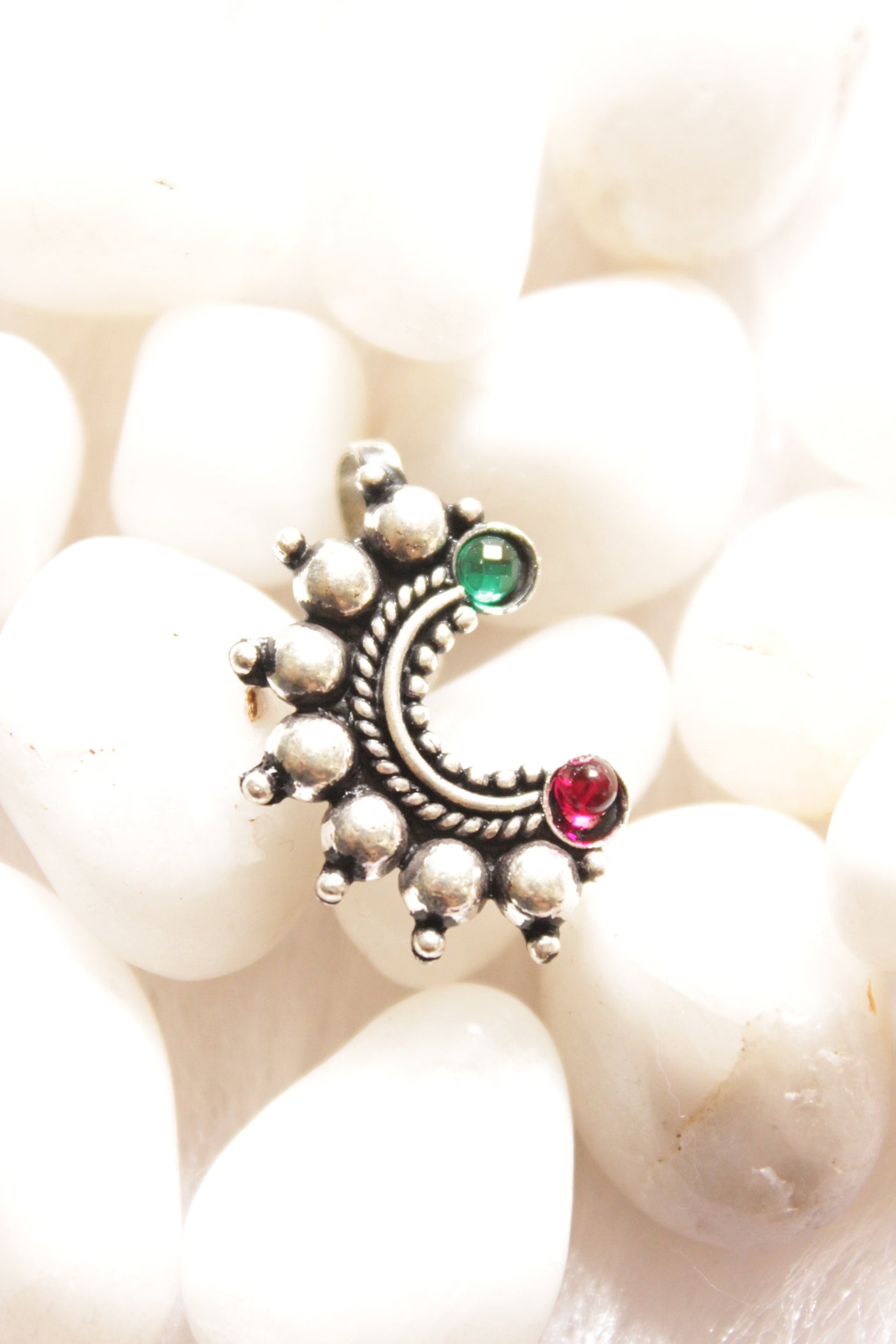 Traditional Stones Embedded Silver Finish Semi-Circular Clip-On Maharashtrian Nath