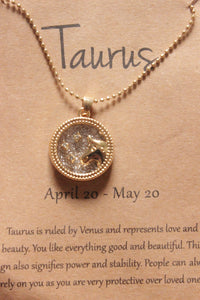 Taurus Sun Sign Gold Plated Day Style Round Resin Horoscope Astrology Minimalist Pendant Necklace with Card