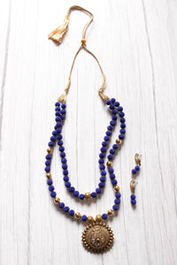 Royal Blue Fabric Beads Antique Gold Finish Religious Motif Pendant