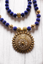 Load image into Gallery viewer, Royal Blue Fabric Beads Antique Gold Finish Religious Motif Pendant
