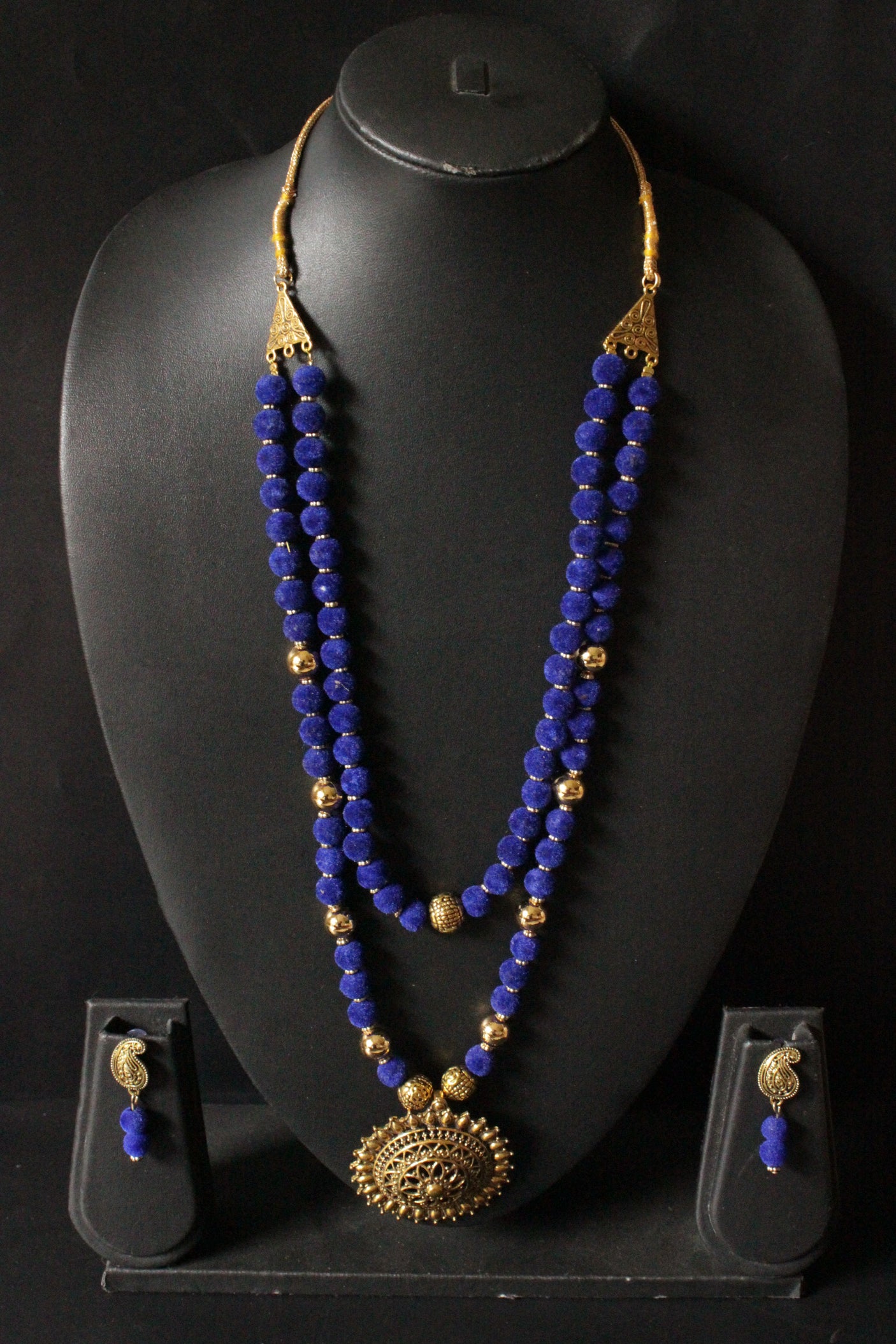 Royal Blue Fabric Beads Antique Gold Finish Religious Motif Pendant