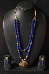 Royal Blue Fabric Beads Antique Gold Finish Religious Motif Pendant