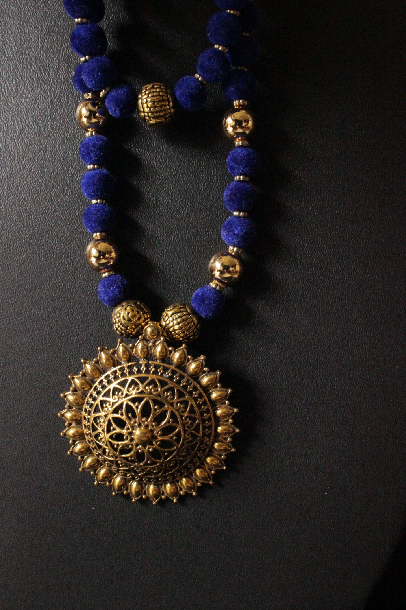 Royal Blue Fabric Beads Antique Gold Finish Religious Motif Pendant